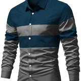 kkboxly  Color Block Print Men's Casual Button Up Long Sleeve Shirt, Men's Clothes For Spring Summer Autumn, Tops For Men