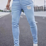 kkboxly  Slim Fit Ripped Jeans, Men's Casual Street Style Distressed High Stretch Denim Pants For Spring Summer, Men's Bottoms