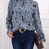 Leopard Print Shirred Trim Blouse, Casual Mock Neck Long Sleeve Blouse For Spring & Summer, Women's Clothing