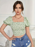 kkboxly  Floral Print Backless Square Neck Top, Chic Puff Sleeve Crop Top For Spring & Summer, Women's Clothing