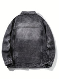 kkboxly  Letter Print Loose Fit Distressed Denim Jacket, Men's Casual Lapel Vintage Style Multi Pocket Denim Jacket Coat For Spring Fall