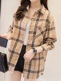 kkboxlyPlaid Pocket Drop Shoulder Shirt, Button Long Sleeve Shirt, Casual Every Day Tops, Women's Clothing