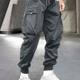 kkboxly Men's Stylish Letter Graphic Cargo Pants with Flap Pockets - Drawstring Waist for Comfort