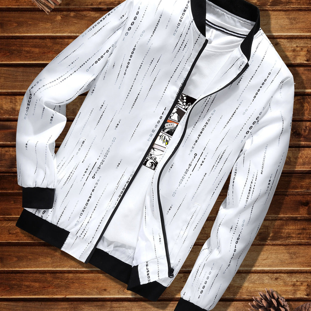kkboxly  Number Print Lightweight Jacket, Men's Casual Baseball Collar Zip Up Jacket For Spring Fall