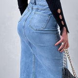 kkboxly  Blue Raw Hem Denim Skirt, Slim Fit High Waist Slash Pockets High Rise Short Denim Dress, Women's Denim Clothing