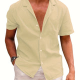 kkboxly  Men's Casual Fashion Solid Linen Shirt, Short Sleeve Shirt For Big & Tall Males, Plus Size
