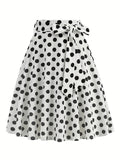 kkboxly  Polka Dot Print Pleated Skirts, Vintage Bow Flare Skirts For Spring & Summer, Women's Clothing