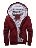 kkboxly  Solid Sherpa Lined Men's Hooded Jacket Casual Long Sleeve Hoodies With Zipper Gym Sports Hooded Coat For Winter Fall
