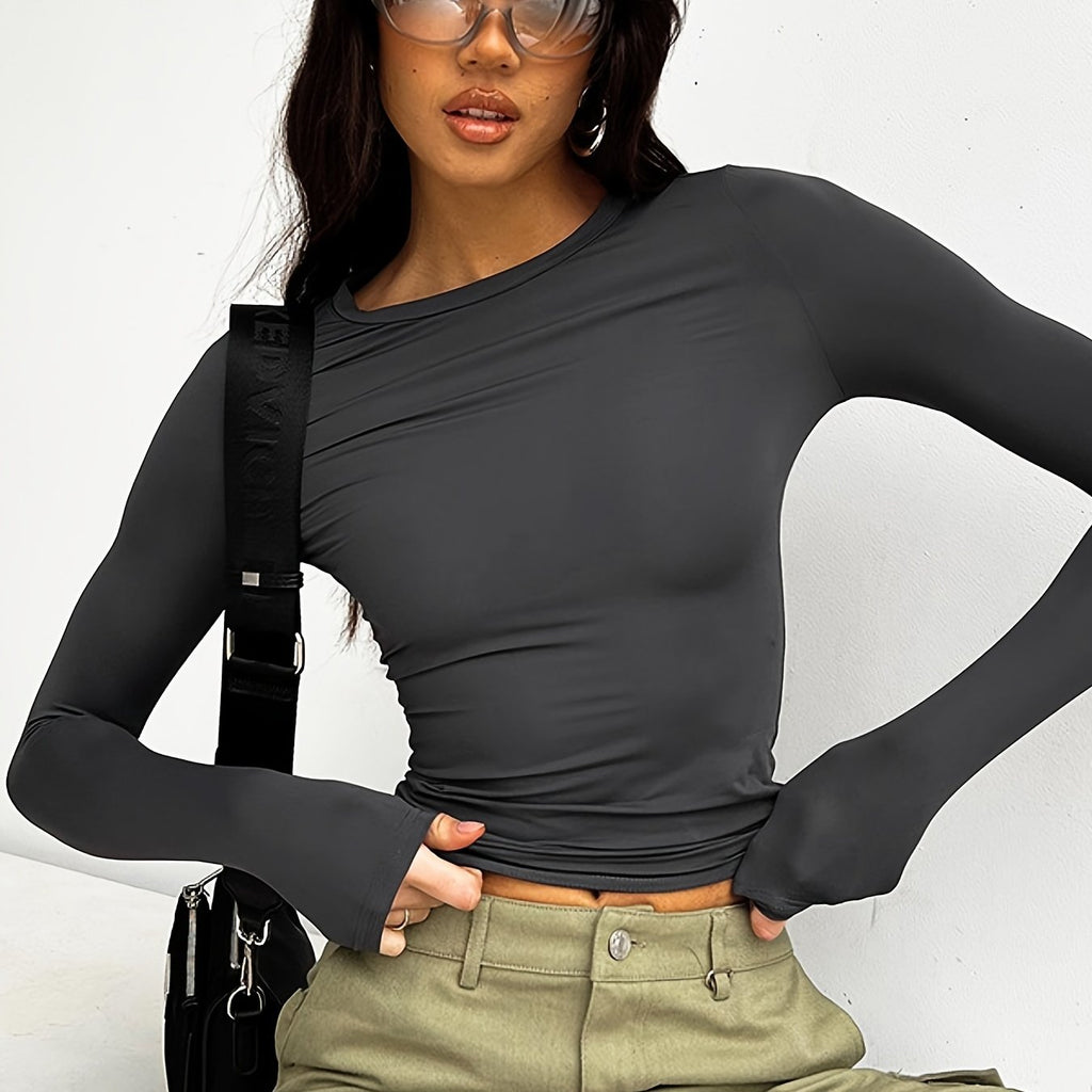 kkboxly  Versatile Solid Slim T-Shirt, Crew Neck Long Sleeve T-Shirt, Casual Every Day Tops, Women's Clothing