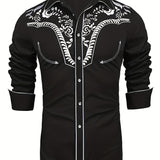 kkboxly 98% Cotton Elegant Western Cowboy Men's Casual Long Sleeve Embroidered Shirt, Men's Shirt For Spring Fall Vacation Resort, Tops For Men