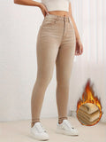 Fleece Liner Washed Skinny Jeans, Mid-Stretch Slant Pockets Slim Fit Tight Jeans, Women's Denim Jeans & Clothing
