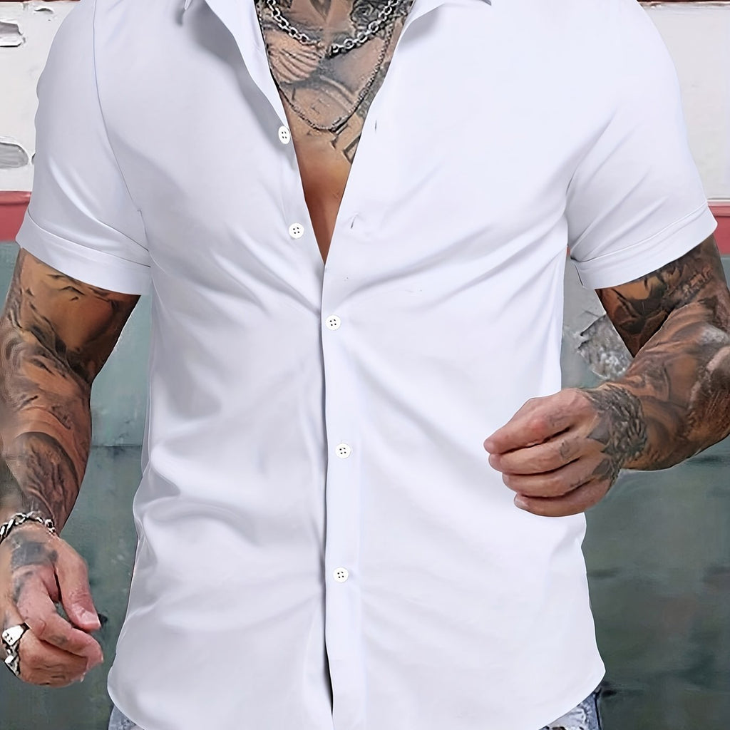 kkboxly  Men's Casual Classic Lapel Button Up Shirts, Solid Color Comfy All-match Top Summer Clothes