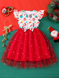 Summer Fun Girls' Flying Sleeve Christmas Printed Mesh Casual Dress