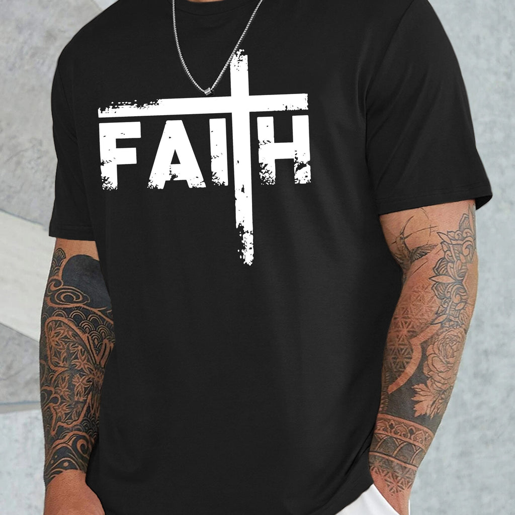 kkboxly  Plus Size Men's Casual Chic Sports T-Shirts, "FAITH" Graphic Round Neck Comfy Tees Top Summer Clothes