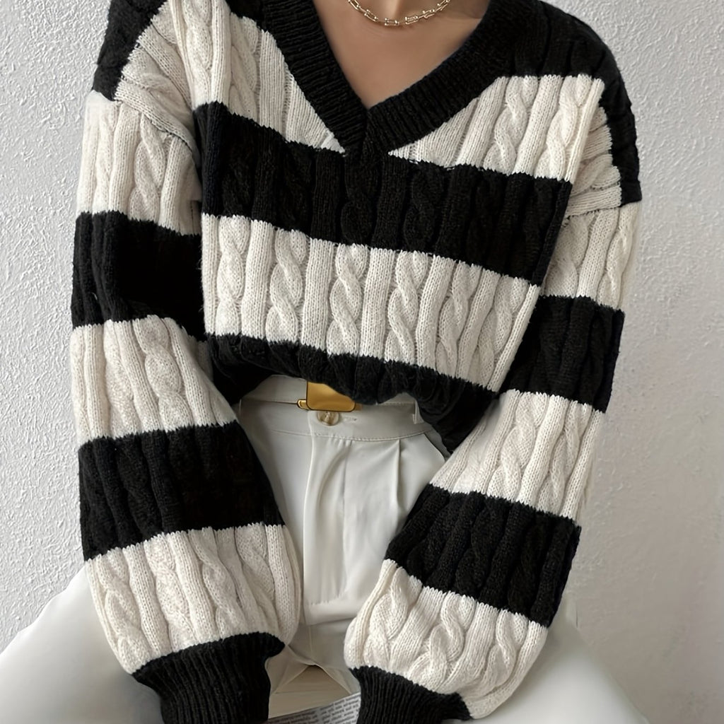 kkboxly  Color Block Drop Shoulder Sweater, Casual Long Sleeve Sweater For Fall & Winter, Women's Clothing