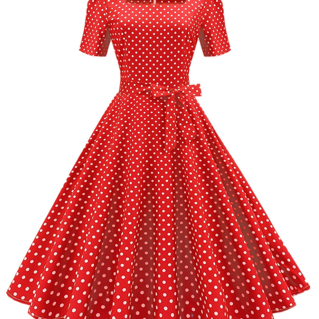 kkboxly  Polka Dot Bow Front Dress, Vintage Elegant Square Neck Short Sleeve Dress, Women's Clothing