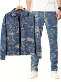 kkboxly  Men's Casual Jacquard Set, Turndown Collar Chest Pocket Jacket And Loose Trendy Straight Leg Pants For Spring Autumn