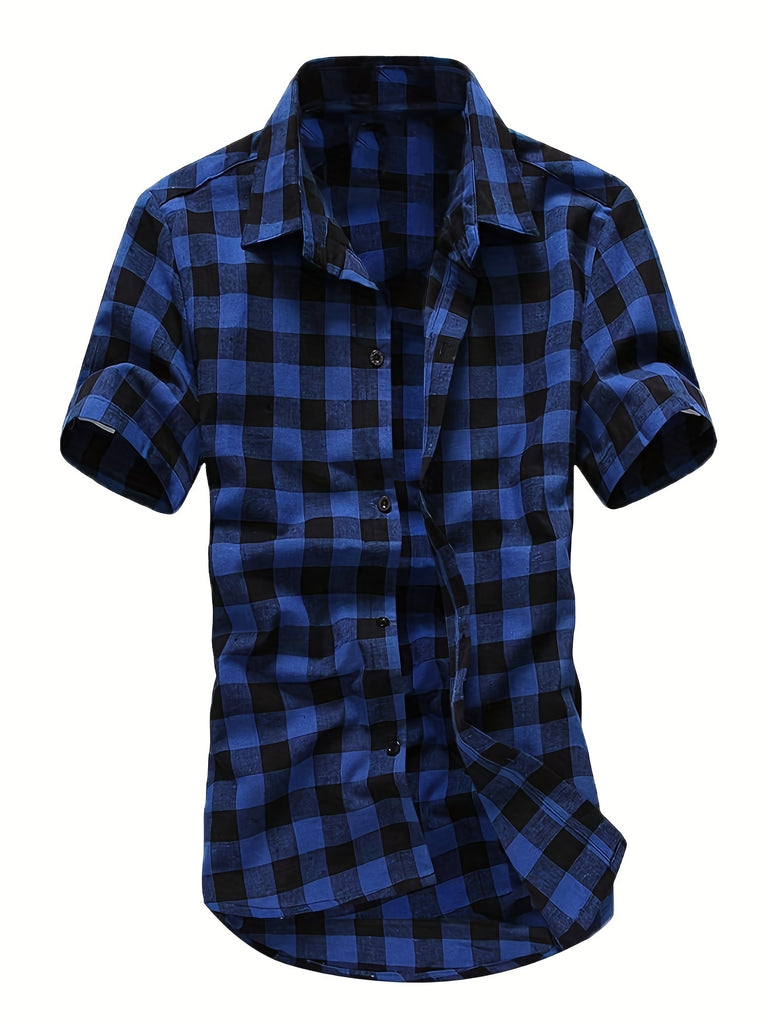 kkboxly  Classic Men's Casual Plaid Short Sleeve Shirt With, Men's Shirt For Summer, Tops For Men