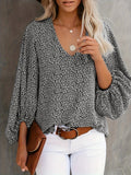kkboxly  Floral Print Lantern Sleeve Blouse, Casual V Neck Long Sleeve Blouse For Spring & Fall, Women's Clothing