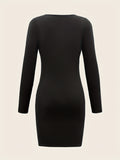 kkboxly Solid Square Neck Bodycon Dress, Causal Long Sleeve Dress For Spring & Fall, Women's Clothing