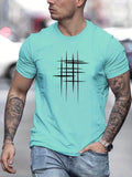 kkboxly  Line Cross Men's T-shirt For Summer Outdoor, Casual Slightly Stretch Crew Neck Tee Short Sleeve Graphic Stylish Clothing
