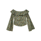 kkboxly  Ditsy Floral Print Blouse, Boho Tie Back Long Sleeve Shirred Blouse, Women's Clothing