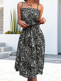 kkboxly  Leopard Sleeveless Spaghetti Dress, Elegant Button Front Knotted Dress, Women's Clothing