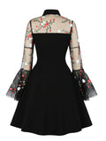 kkboxly kkboxly Floral Embroidery Mesh Sleeve Dress, Vintage Stithcing Polo Long Flared Sleeve Dress, Women's Clothing