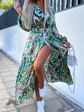 kkboxly Full Printed Surplice Neck Dress, Boho Long Sleeve Maxi Dress, Women's Clothing