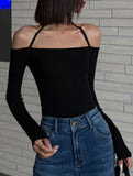 kkboxly  Halter Neck Solid T-Shirt, Casual Long Sleeve Top For Spring, Women's Clothing