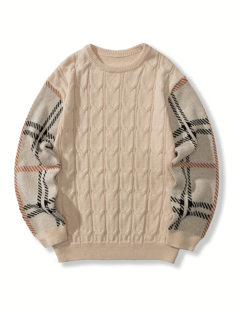 Men's Plus Size Pullover Knit Sweater, Trendy Sweater With Plaid Print Sleeves For Spring/autumn/winter