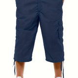 Men's Plain Zip Pocket Drawstring Hem Cargo Shorts For Spring And Summer