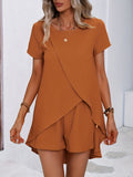 kkboxly  Solid Casual Two-piece Set, Short Sleeve Asymmetrical Hem Long Length T-shirt & Elastic Waist Shorts Outfits, Women's Clothing