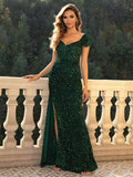 realaiot  Sequined Split Thigh Dress, Elegant Maxi Dress For Party & Banquet, Women's Clothing