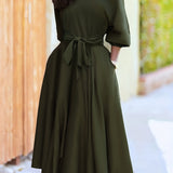 kkboxly  Solid One Shoulder Belted Dress, Elegant Lantern Sleeve Dress, Women's Clothing