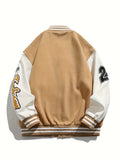 kkboxly Loose Fit Varsity Jacket, Men's Casual Color Block Button Up Jacket For Spring Fall School Baseball