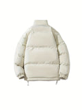 kkboxly  Men's Solid Fleece Puffer Coat, Casual Stand Collar Zip Up Thermal Jacket For Outdoor Fall Winter