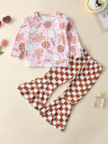 Toddler Girls Cartoon Gingerbread Man Graphic Pullover + Plaid Flare Pants Kids outdoor Clothes Christmas