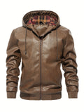 kkboxly  Men's Pu Leather Trendy Hooded Jacket, Windproof Warm Thermal Jacket For Autumn Winter
