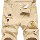 kkboxly  Graphic Pattern Ripped Denim Shorts, Men's Casual Street Style Mid Stretch Distressed Denim Shorts For Summer