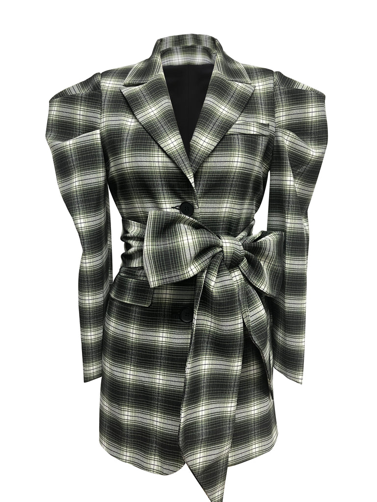 kkboxly  Plaid Print Bow Tie Blazer, Elegant Long Sleeve Lapel Outerwear, Women's Clothing