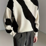 kkboxly  All Match Knitted Color Block Wave Pattern Cable Sweater, Men's Casual Warm Slightly Stretch Crew Neck Pullover Sweater For Men Fall Winter