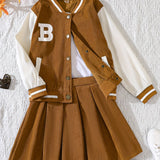 2025 kkboxly  Girls 2pcs Long Sleeve Baseball Jacket Button Coat & Pleated Short Skirt Letter B Print Corduroy Preppy Casual Kids Clothes For Spring And Autumn