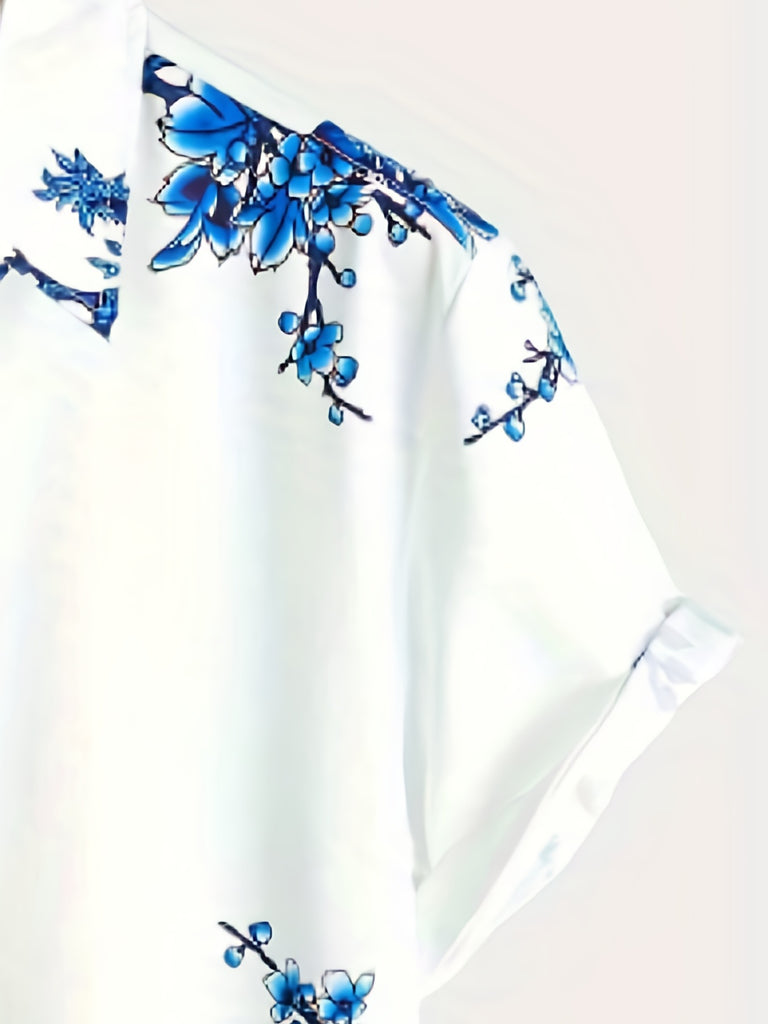 kkboxly  Blue Flowers Print, Men’s Button Up Short Sleeve Shirt Regular Fit For Beach Summer