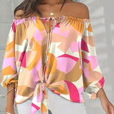 kkboxly  Plus Size Elegant Top, Women's Plus Sunflower Print Off Shoulder Drawstring Lantern Sleeve Cut Out Top