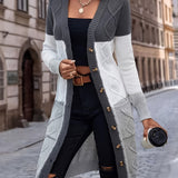 kkboxly  Color Block Button Up Knit Cardigan, Casual Long Sleeve Longline Sweater With Pocket, Women's Clothing