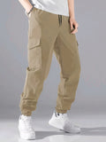 kkboxly  Trendy Solid Cargo Pants, Men's Multi Flap Pocket Drawstring Trousers, Loose Casual Outdoor Pants, Men's Work Pants Outdoors Streetwear Hip Hop Style
