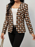 kkboxly  Houndstooth Print Blazer, Casual Open Front Long Sleeve Outerwear, Women's Clothing