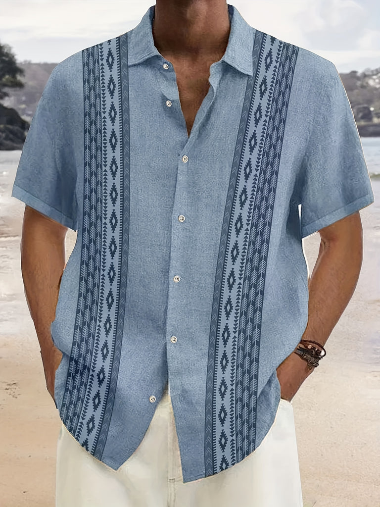 kkboxly  Plus Size Men's Vintage Geometric Ethnic Pattern Button Down Shirts, Lapel Hawaiian Summer Clothings For Party Holiday