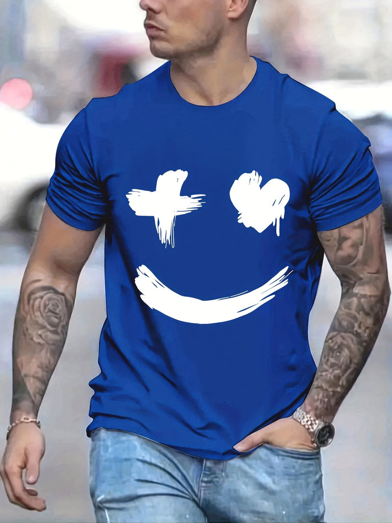 kkboxly  Men's Casual Trendy Smile Graphic Print Comfortable Crew Neck Short Sleeve T-shirts, Summer Top Tees
